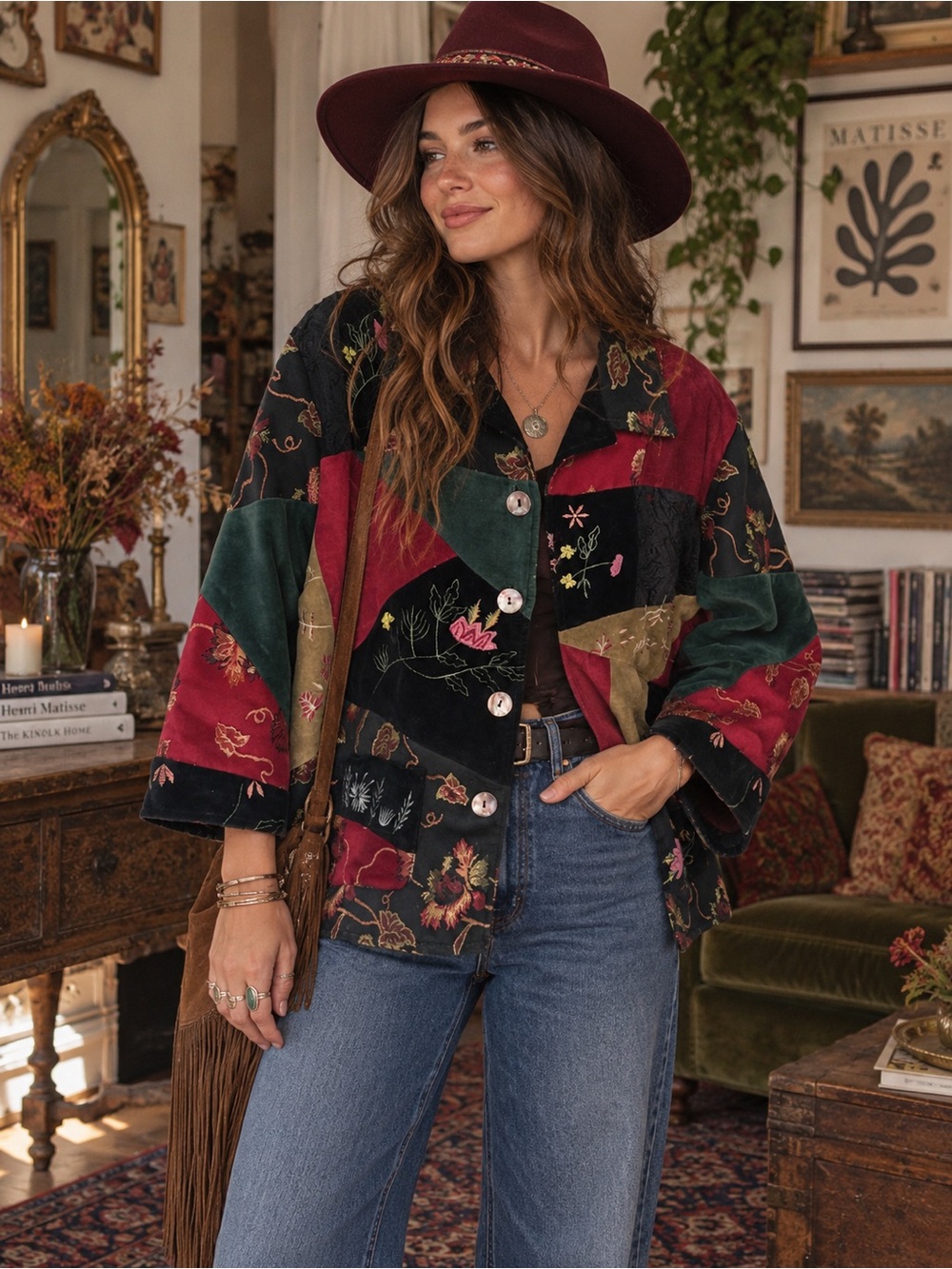 PARSLEY & SAGE Patchwork Embroidered Boho Jacket Velvet Floral 90s Hippie Chic L